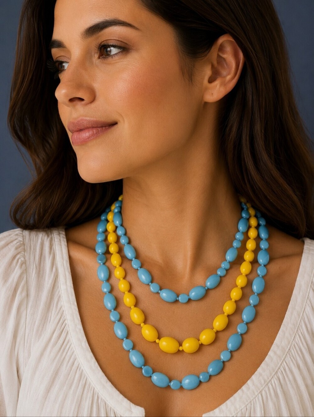Vintage 1980s Set of Two Yellow and Blue Lucite Beaded Necklaces